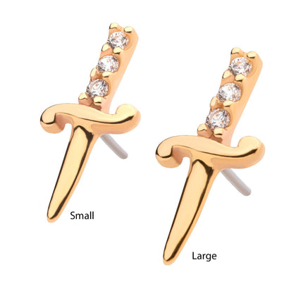 Invictus 14Kt Yellow Gold Threadless with Dagger with 3-CZ Gem Handle Top