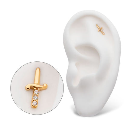 Invictus 14Kt Yellow Gold Threadless with Dagger with 3-CZ Gem Handle Top