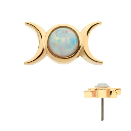 Invictus 14Kt Yellow Gold Threadless with Bezel Set White Opal Triple Goddess Moon Top