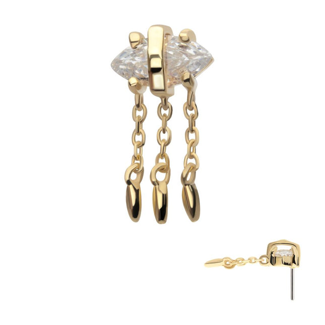 Invictus 14Kt Yellow Gold Threadless Prong Set Marquise Gem Evil Eye Top with Triple Dangle Chain
