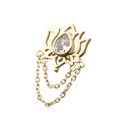 Invictus 14Kt Yellow Gold Threadless Bezel Teardrop Gem Lotus Flower Top with 2 Tier Dangle Chain