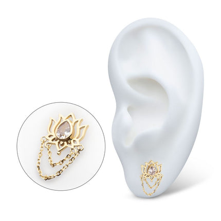Invictus 14Kt Yellow Gold Threadless Bezel Teardrop Gem Lotus Flower Top with 2 Tier Dangle Chain