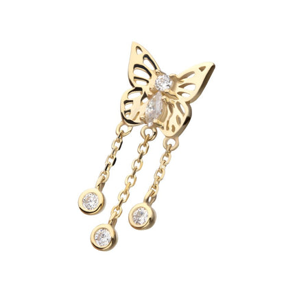 Invictus 14Kt Yellow Gold Threadless Prong Set Gem Butterfly Top with Triple Dangle Bezel Gem