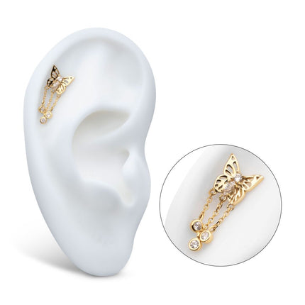 Invictus 14Kt Yellow Gold Threadless Prong Set Gem Butterfly Top with Triple Dangle Bezel Gem