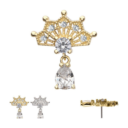 Invictus 14Kt Gold Threadless Prong Set Gem Fan Top with Teardrop Gem Dangle