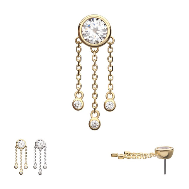 Invictus 14Kt Gold Threadless Bezel Gem Top with Triple Bezel Gem Chain Dangle