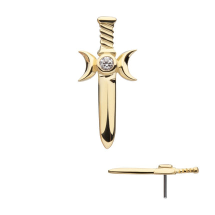 Invictus 14Kt Yellow Gold Threadless Bezel Set Round CZ Triple Moon Phase Dagger Top
