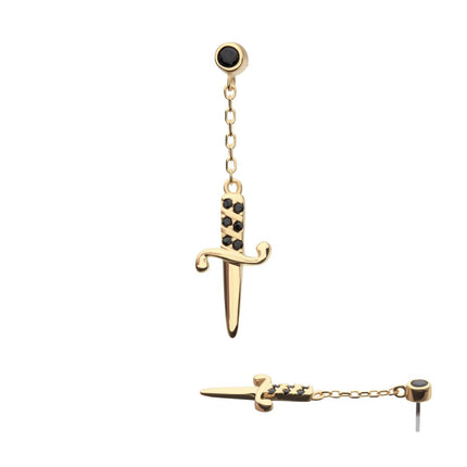 Invictus 14Kt Yellow Gold Threadless Bezel Set Black Round Gem Dangle Dagger Top