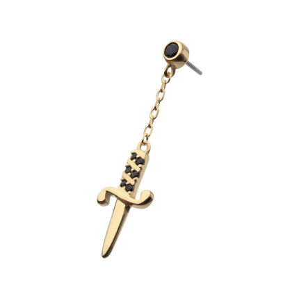 Invictus 14Kt Yellow Gold Threadless Bezel Set Black Round Gem Dangle Dagger Top