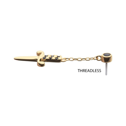 Invictus 14Kt Yellow Gold Threadless Bezel Set Black Round Gem Dangle Dagger Top
