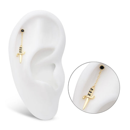 Invictus 14Kt Yellow Gold Threadless Bezel Set Black Round Gem Dangle Dagger Top