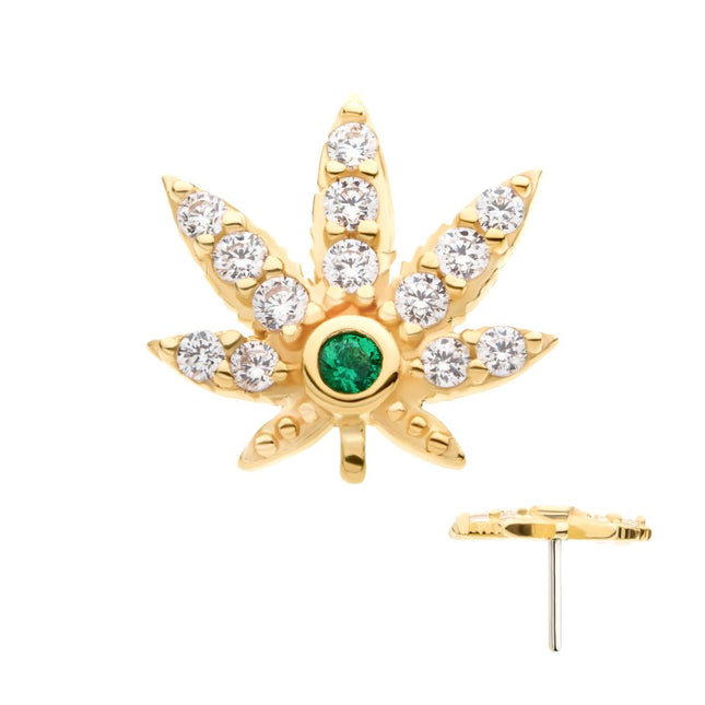 Invictus 14Kt Yellow Gold Threadless with Clear & Emerald CZ Pot Leaf Top
