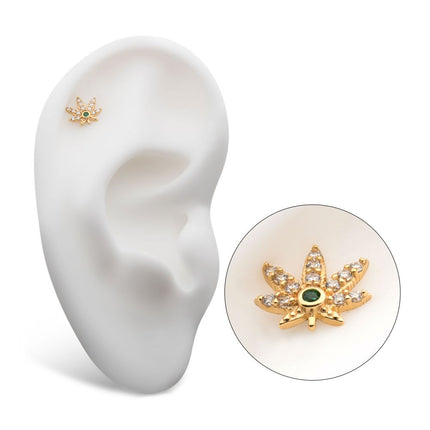 Invictus 14Kt Yellow Gold Threadless with Clear & Emerald CZ Pot Leaf Top