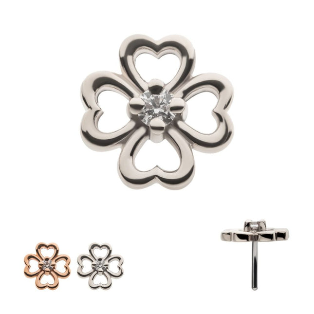 Invictus 14Kt Gold Threadless with Prong Set Clear CZ 4-Leaf Clover Top