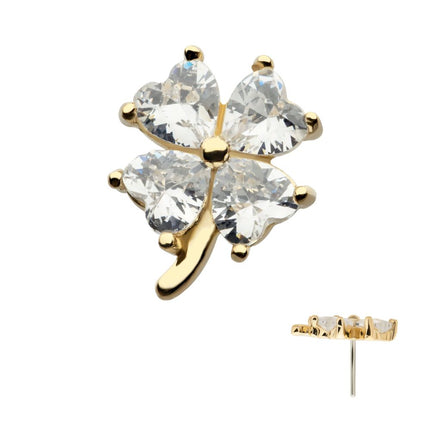 Invictus 14Kt Yellow Gold Threadless Prong Set Heart CZ Gem 4-Petal Clover Top