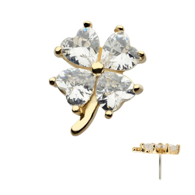 Invictus 14Kt Yellow Gold Threadless Prong Set Heart CZ Gem 4-Petal Clover Top