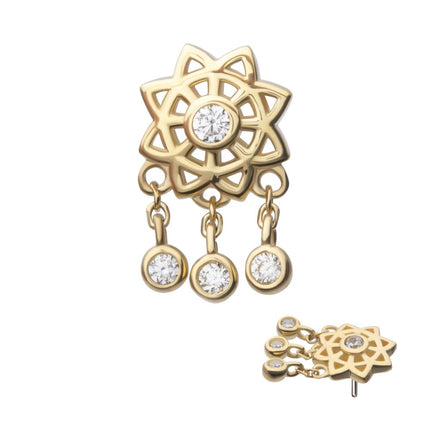 Invictus 14Kt Yellow Gold Threadless Mandala Flower Top with Triple Bezel Set Gem Dangle