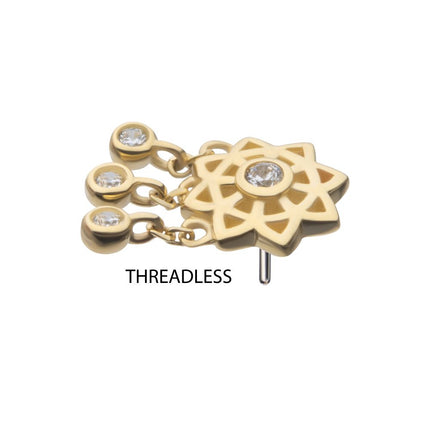 Invictus 14Kt Yellow Gold Threadless Mandala Flower Top with Triple Bezel Set Gem Dangle