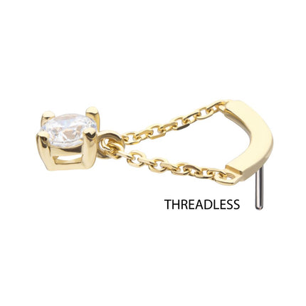 Invictus 14Kt Yellow Gold Threadless Curved Bar Top with 4-Prong Gem Dangle