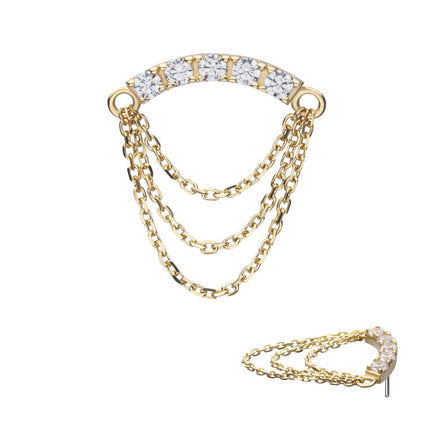 Invictus 14Kt Yellow Gold Threadless Gem Curved Bar Top with 3-Tier Chain Dangle