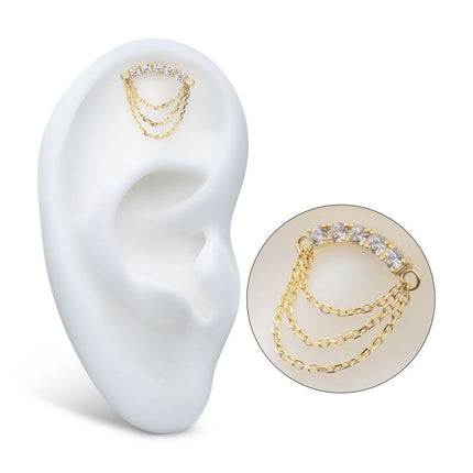 Invictus 14Kt Yellow Gold Threadless Gem Curved Bar Top with 3-Tier Chain Dangle