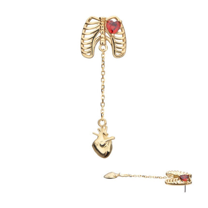 Invictus 14Kt Yellow Gold Threadless Heart Gem Rib Cage Top with Anatomical Heart Dangle
