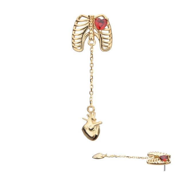 Invictus 14Kt Yellow Gold Threadless Heart Gem Rib Cage Top with Anatomical Heart Dangle