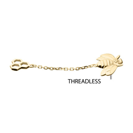 Invictus 14kt Yellow Gold Threadless Honeycomb Top with Bee Chain Dangle
