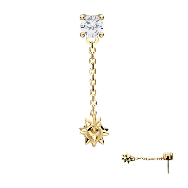 Invictus 14Kt Gold Threadless Prong Set Gem Top with Mace Ball Dangle