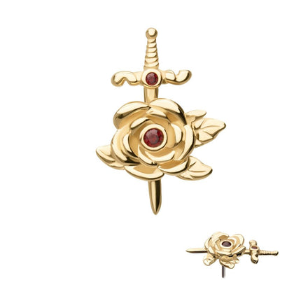 Invictus 14Kt Yellow Gold Threadless Bezel Garnet Round Gem Rose and Dagger Top