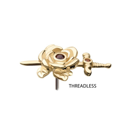 Invictus 14Kt Yellow Gold Threadless Bezel Garnet Round Gem Rose and Dagger Top