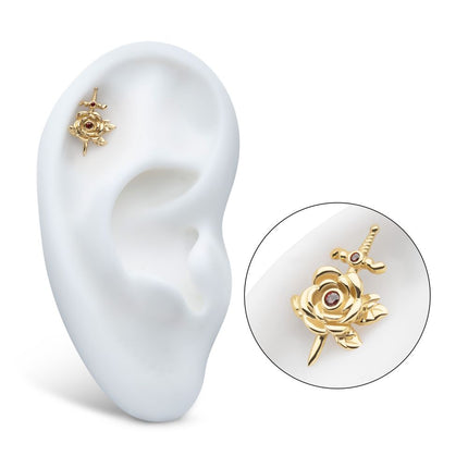 Invictus 14Kt Yellow Gold Threadless Bezel Garnet Round Gem Rose and Dagger Top