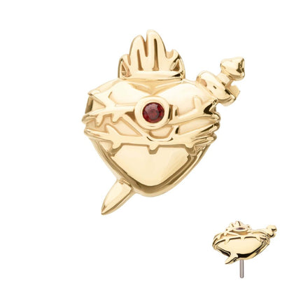 Invictus 14Kt Yellow Gold Threadless Sacred Heart with Dagger Garnet Bezel Gem Top