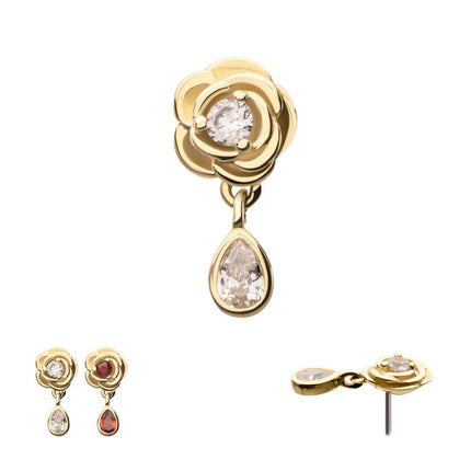 Invictus 14Kt Yellow Gold Threadless Prong Set Round Gem Rose Flower Top with Teardrop Dangle
