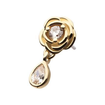 Invictus 14Kt Yellow Gold Threadless Prong Set Round Gem Rose Flower Top with Teardrop Dangle