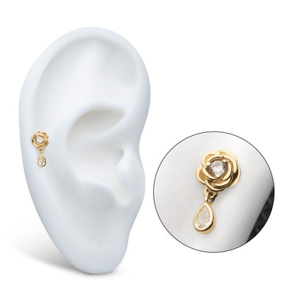 Invictus 14Kt Yellow Gold Threadless Prong Set Round Gem Rose Flower Top with Teardrop Dangle
