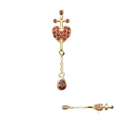 Invictus 14Kt Yellow Gold Threadless Dagger Heart Top with Pave Garnet Gem & Teardrop Chain Dangle