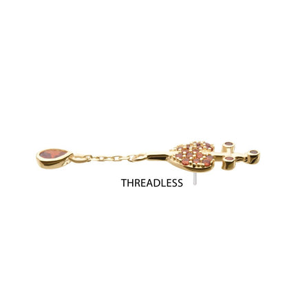 Invictus 14Kt Yellow Gold Threadless Dagger Heart Top with Pave Garnet Gem & Teardrop Chain Dangle
