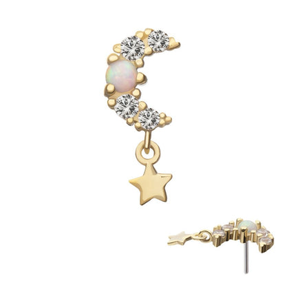 Invictus 14Kt Yellow Gold Threadless Prong Set Round Opal & Gem Crescent Moon Top with Star Dangle