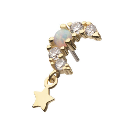 Invictus 14Kt Yellow Gold Threadless Prong Set Round Opal & Gem Crescent Moon Top with Star Dangle
