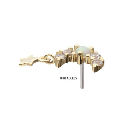 Invictus 14Kt Yellow Gold Threadless Prong Set Round Opal & Gem Crescent Moon Top with Star Dangle