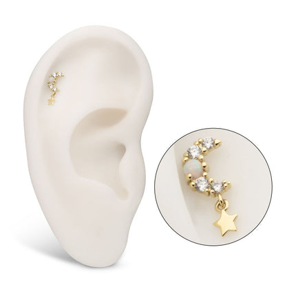 Invictus 14Kt Yellow Gold Threadless Prong Set Round Opal & Gem Crescent Moon Top with Star Dangle