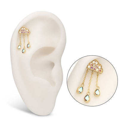 Invictus 14Kt Yellow Gold Threadless Pave Round Gem Cloud Top with Bezel Pear Trio Dangle