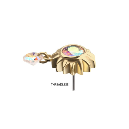 Invictus 14Kt Yellow Gold Threadless Bezel Gem Sunburst Top with Invisible Set Round Dangle