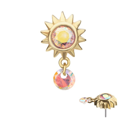 Invictus 14Kt Yellow Gold Threadless Bezel Gem Sunburst Top with Invisible Set Round Dangle