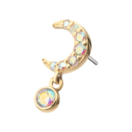 Invictus 14Kt Yellow Gold Threadless Pave Set Gem Crescent Moon Top with Bezel Round Dangle
