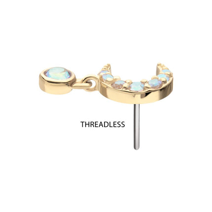 Invictus 14Kt Yellow Gold Threadless Pave Set Gem Crescent Moon Top with Bezel Round Dangle