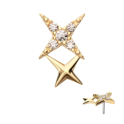 Invictus 14Kt Gold Threadless Pave Set Round Gem Double Celestial Star Top