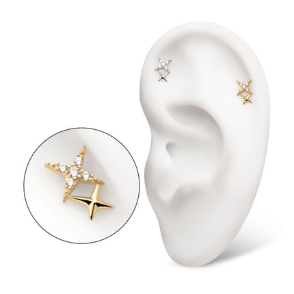 Invictus 14Kt Gold Threadless Pave Set Round Gem Double Celestial Star Top