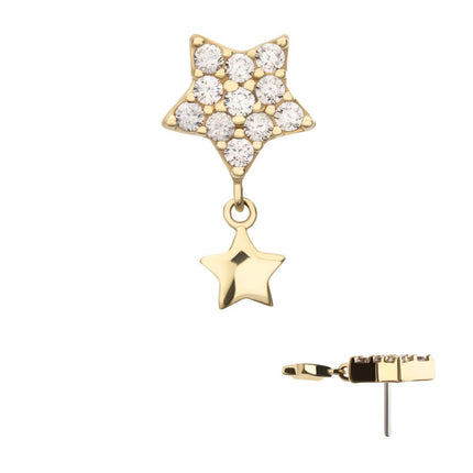 Invictus 14Kt Yellow Gold Threadless Pave Gem Star Top with Gold Star Dangle